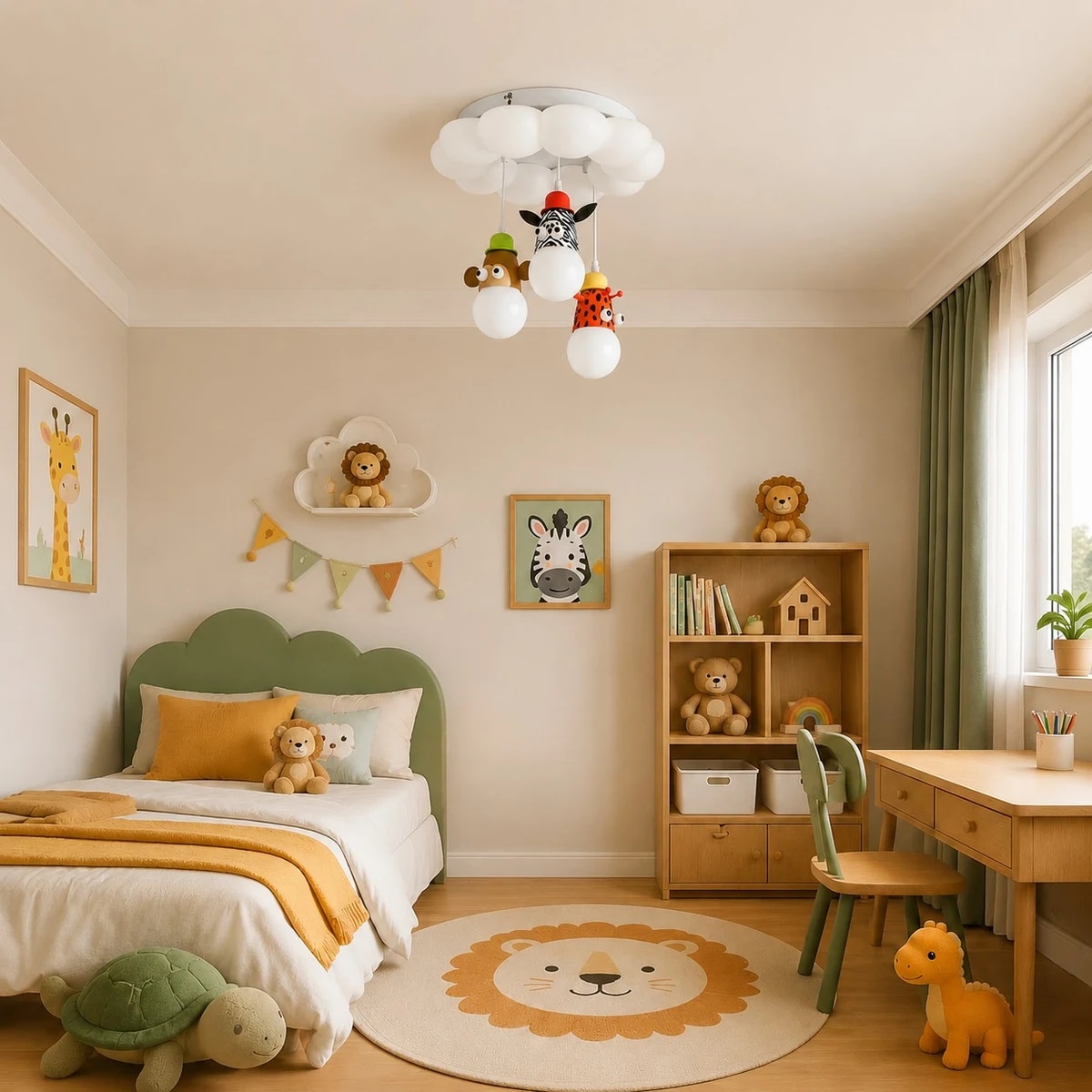 nursery style bedroom with cloud animal ceiling lamp installed