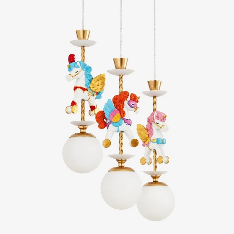 Three light unicorn chandelier on white background