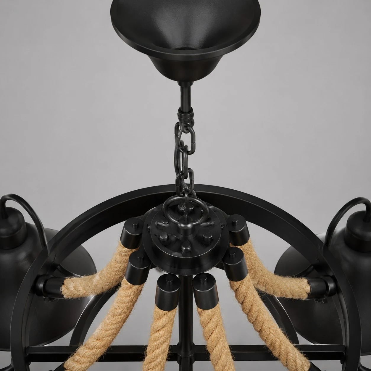 Rustic rope and metal chandelier detail
