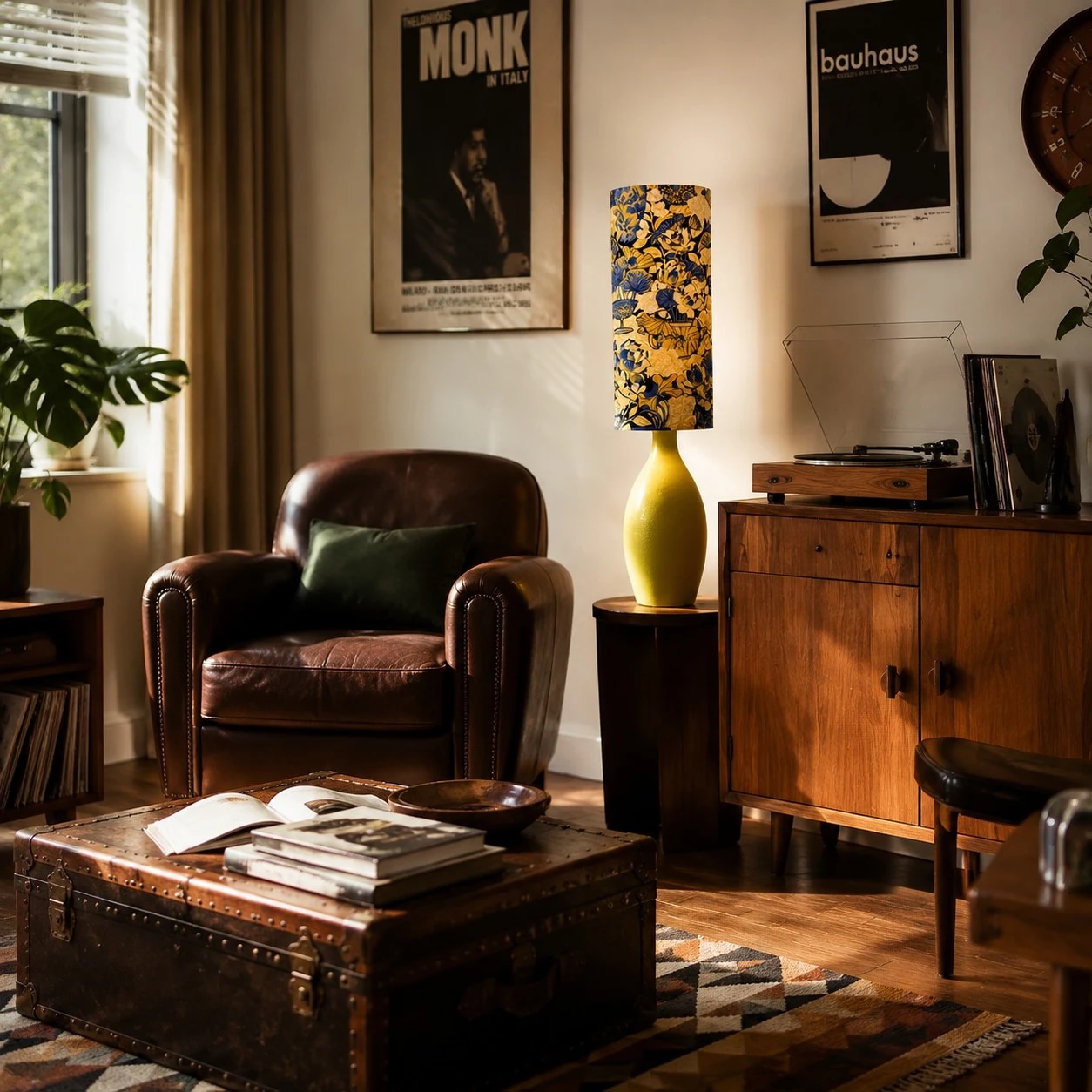 Colorful fabric table lamp in a warm living room