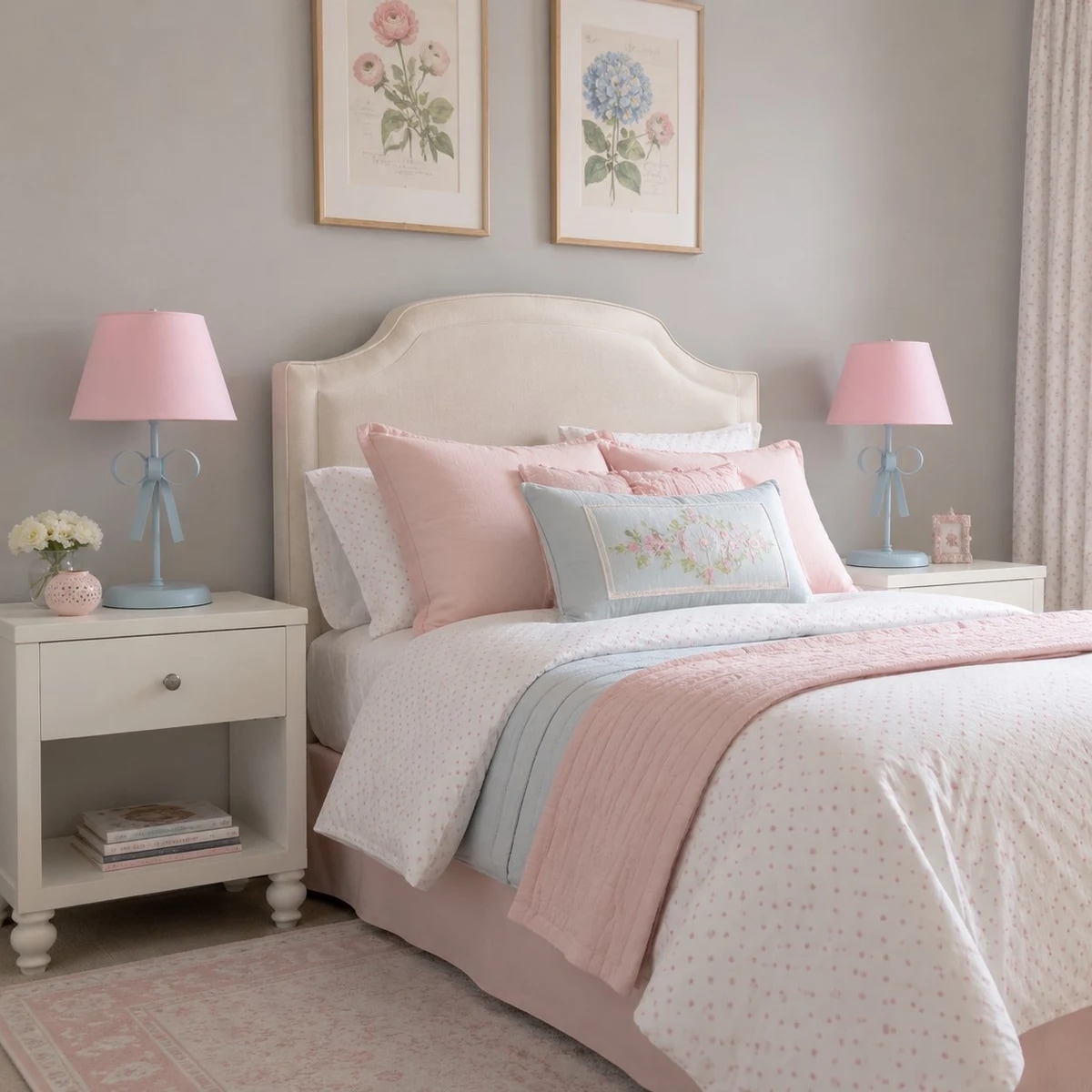 Pastel bedroom with bow accent table lamps on bedside tables