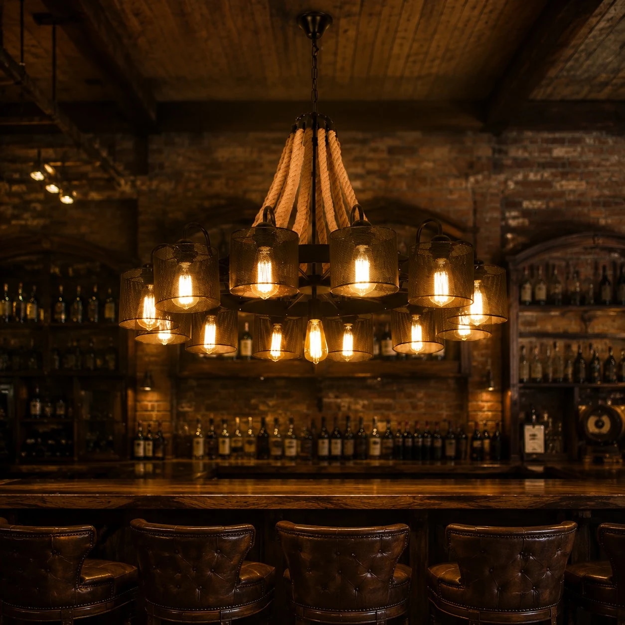 Rustic rope chandelier in a dining setting