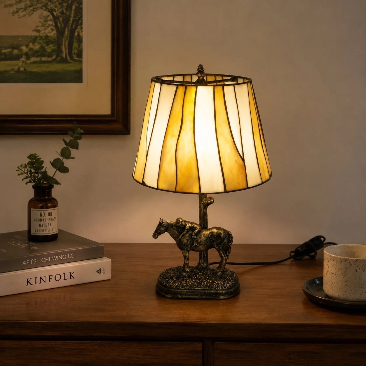 Horse-base Tiffany-style table lamp on a warm nightstand scene