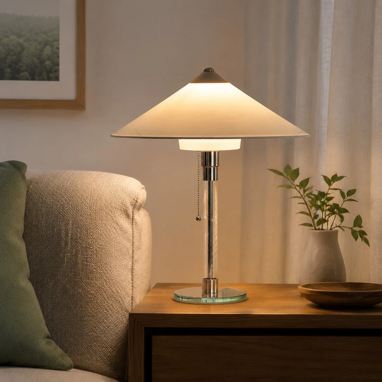 Warm table lamp on a wood side table beside a sofa