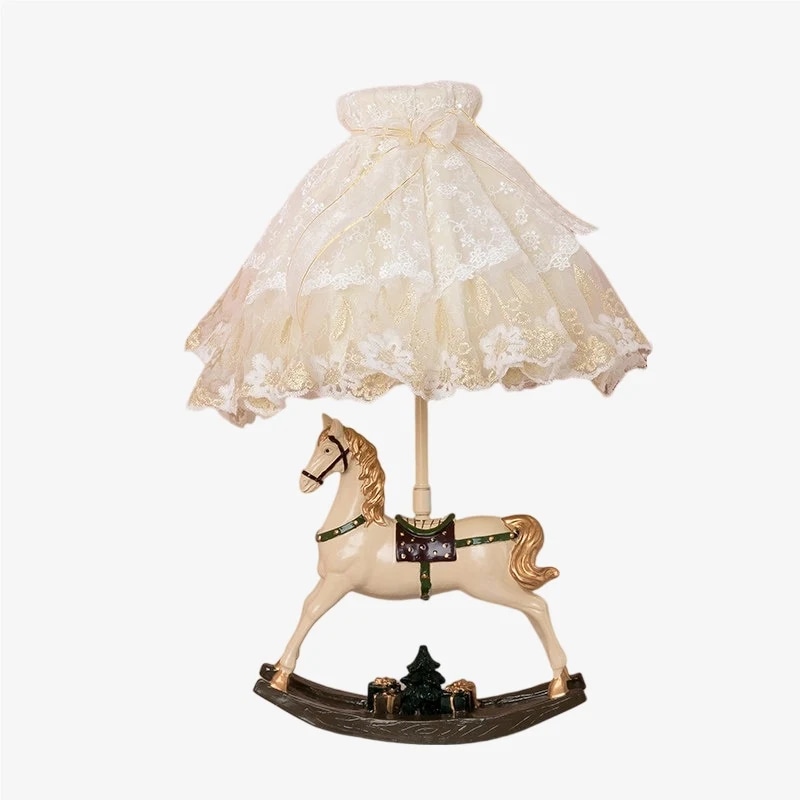 Full rocking horse table lamp with illuminated lace shade