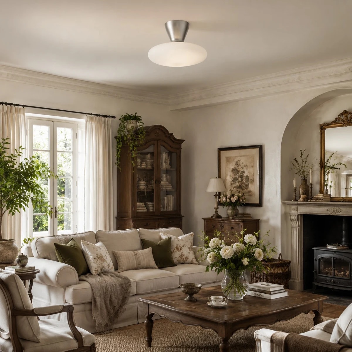 Konos white glass ceiling light installed in a warm living room