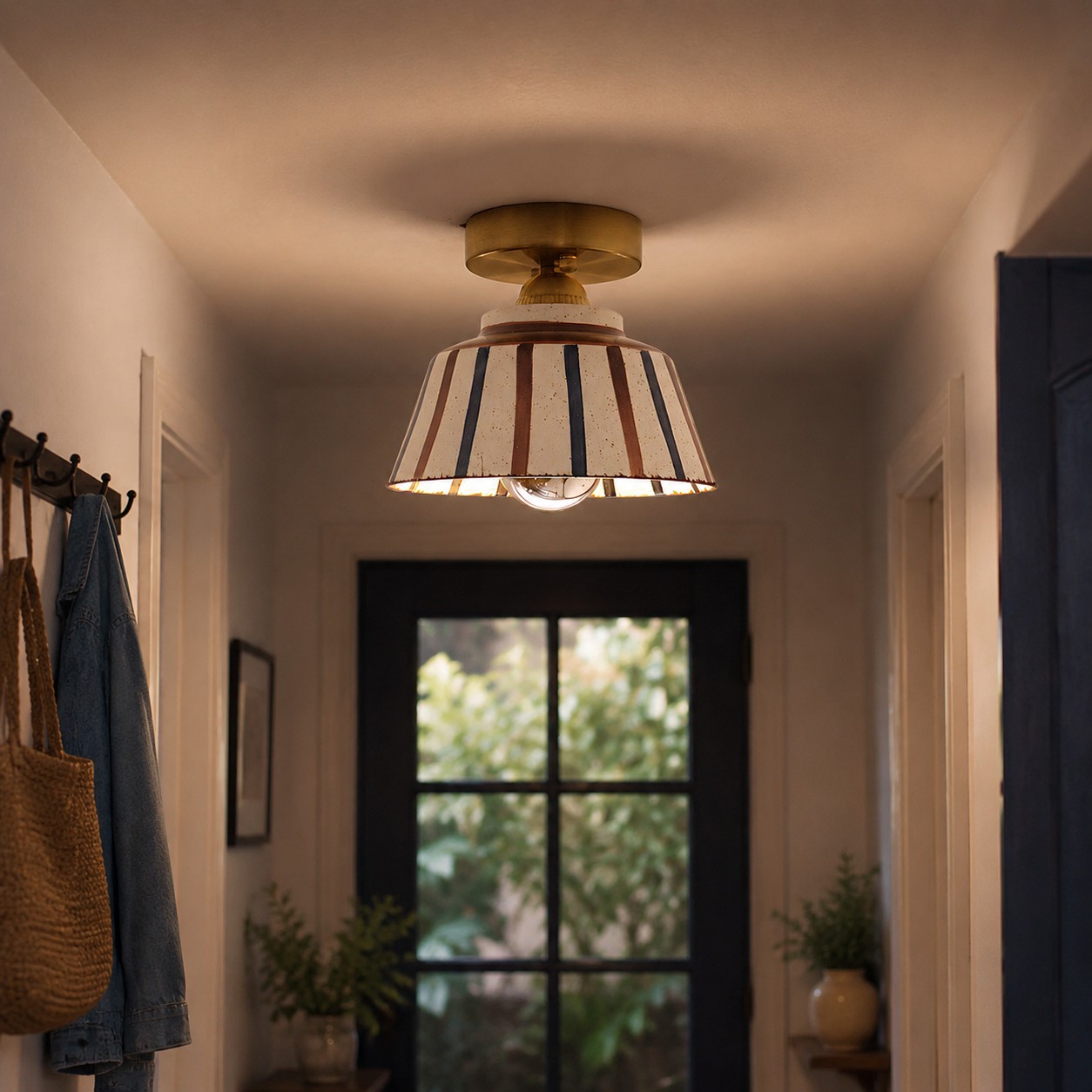 Striped ceramic ceiling light in a hallway setting