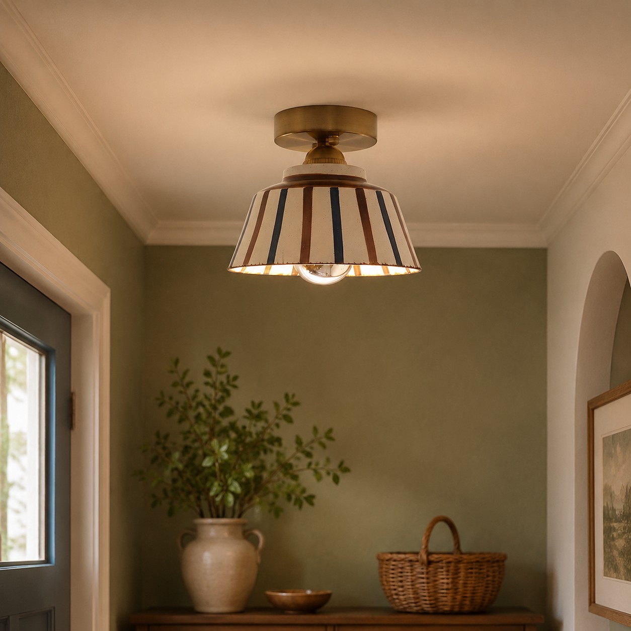 Striped ceramic light in a warm entry corner