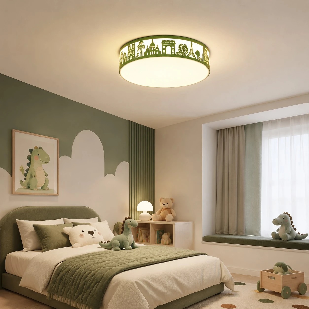 Green silhouette ceiling light installed in a soft bedroom scene