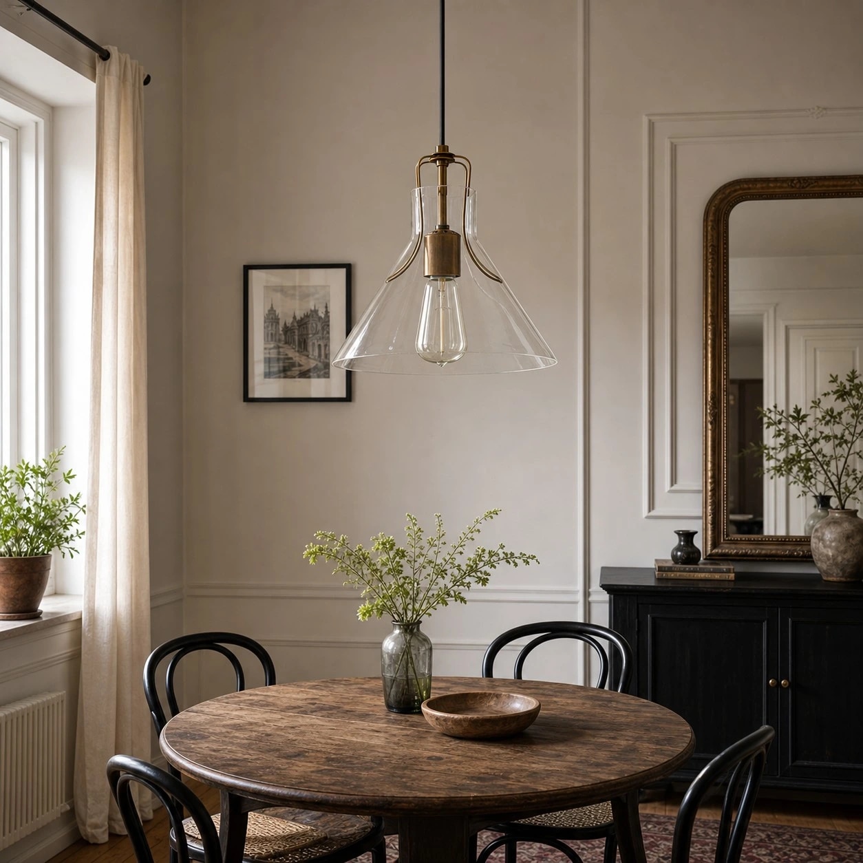 Umbrella glass pendant light above a dining table