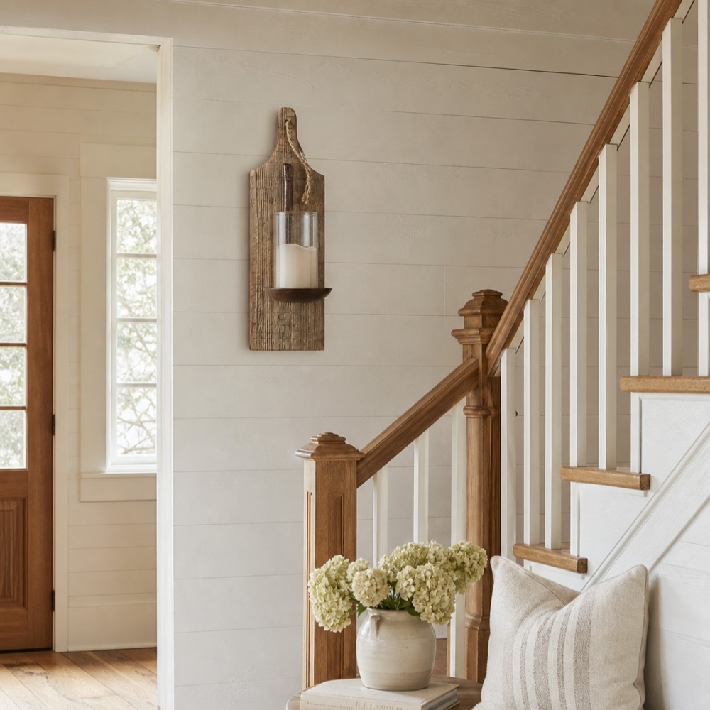 Wooden wall candle sconce styled in a cottage-inspired room