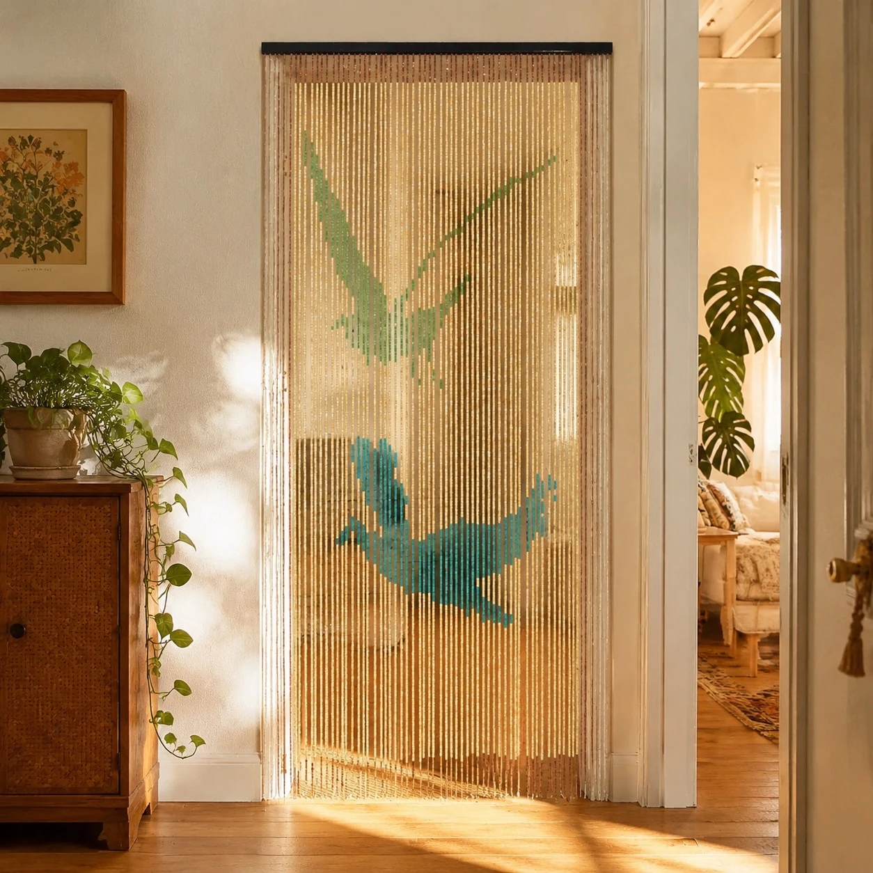 Wooden beaded curtain with natural light in an entryway
