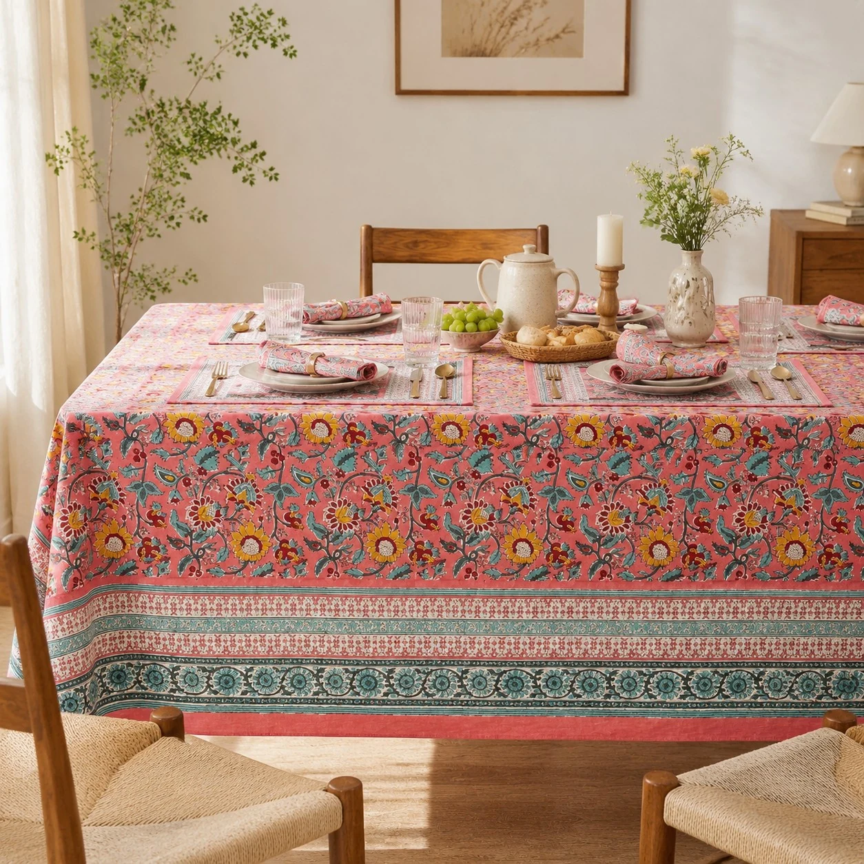 Color-rich table linen for indoor dining