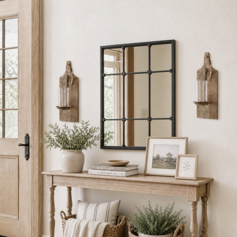 Rustic wall sconce shown as warm room decor