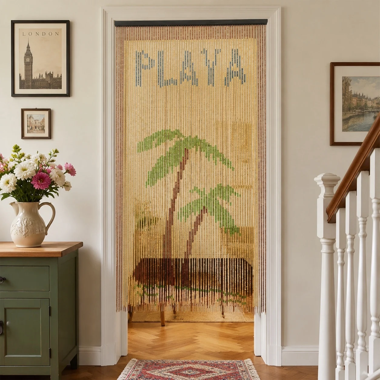 Palm motif wooden beaded curtain near a stair entry