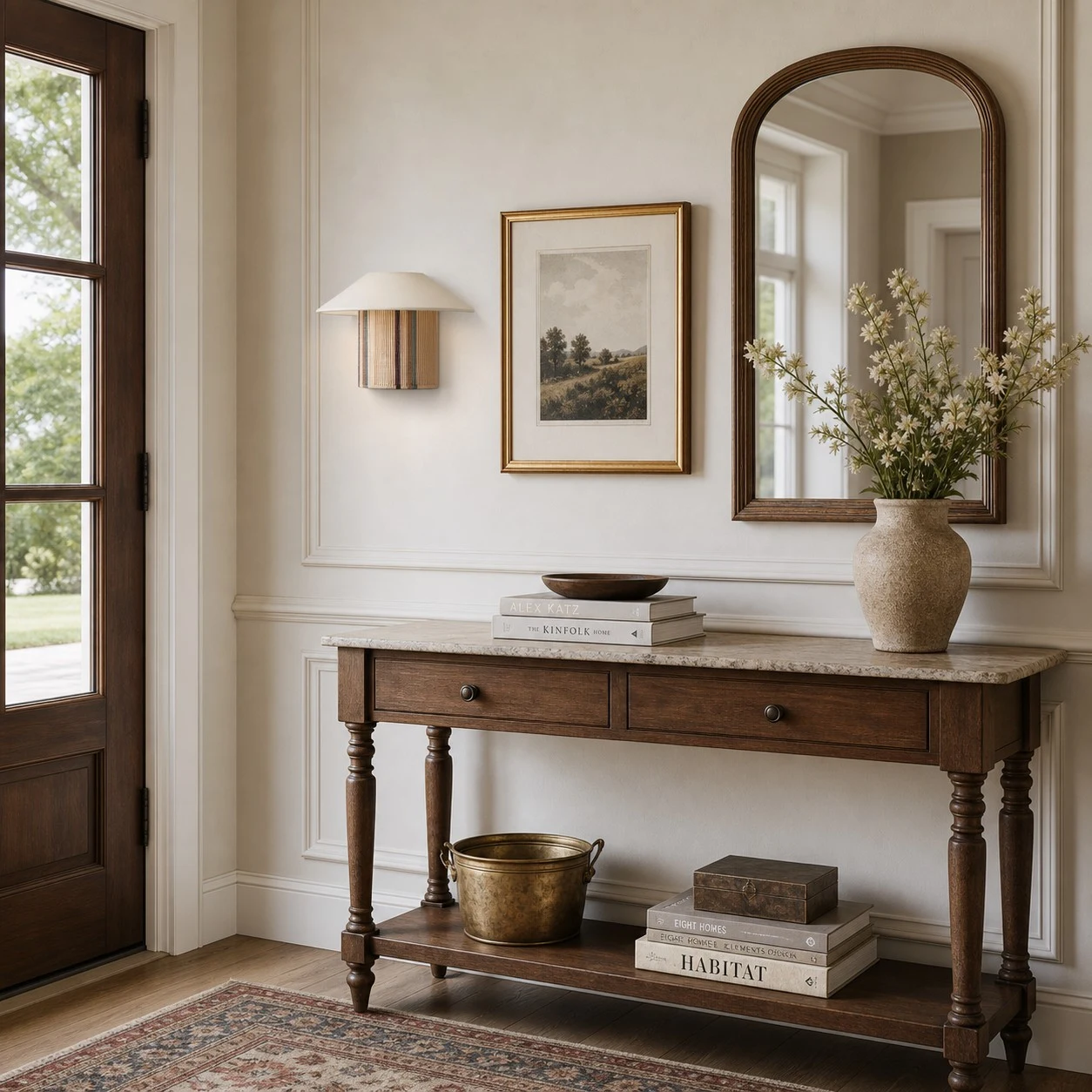 Woven wall sconce mounted above an entry console