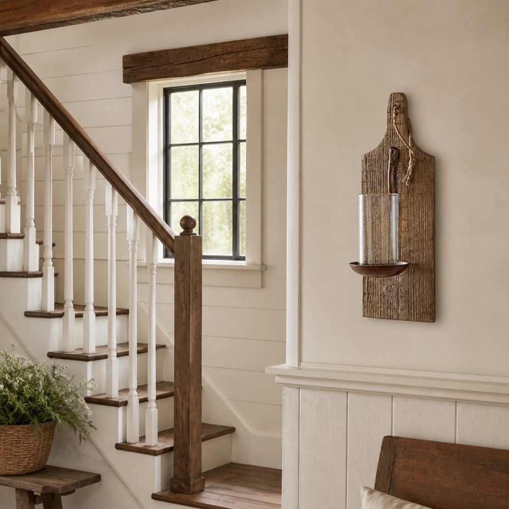 Rustic wooden wall sconce in a warm farmhouse hallway