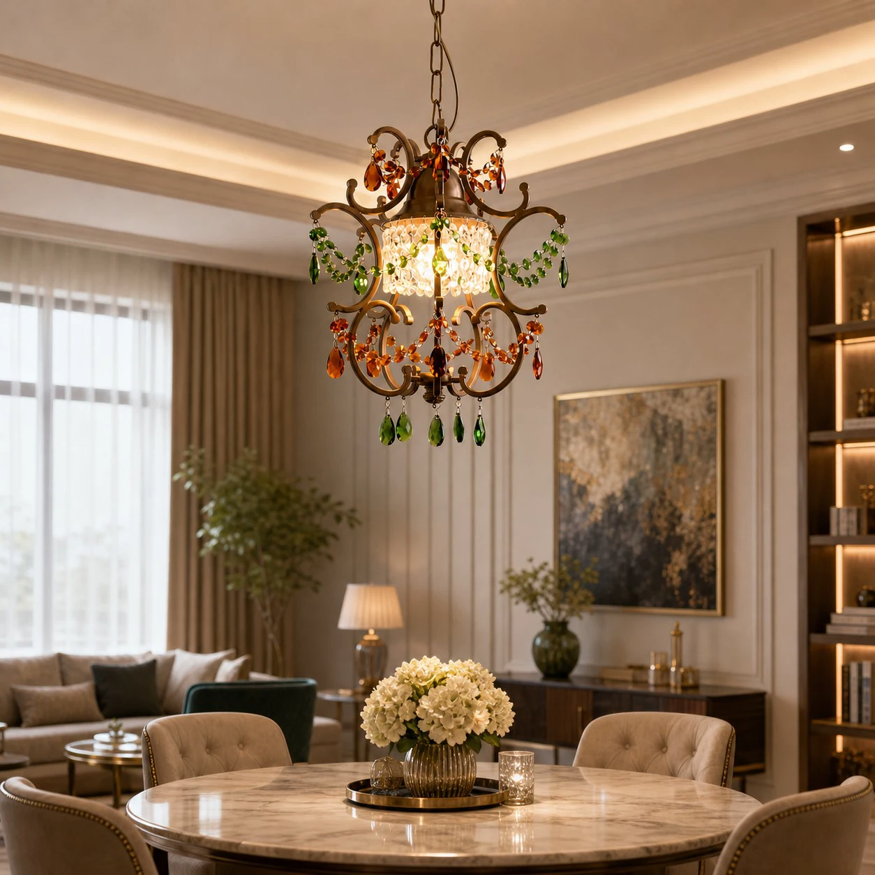 Crystal pendant light above a dining table